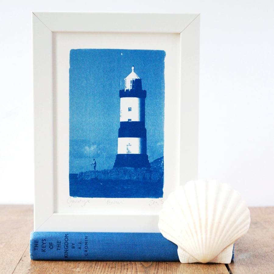 Penmon Lighthouse Anglesey Welsh Seascape Original Cyanotype Blue & White