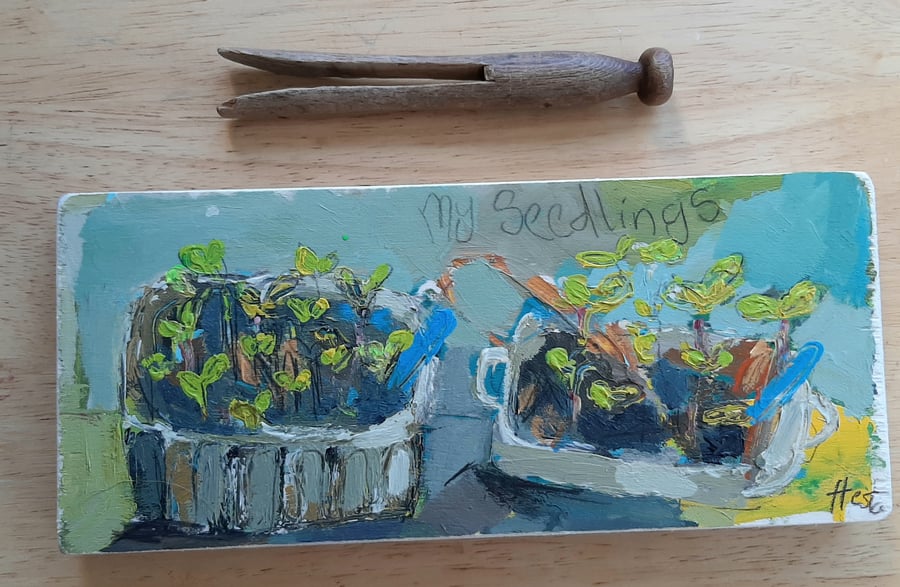 Contemporary painting of a childs first seedlings 