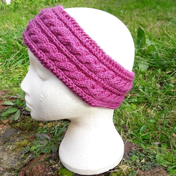 Hand knitted ladies cerise pink headband ear warmer with double rope cable 