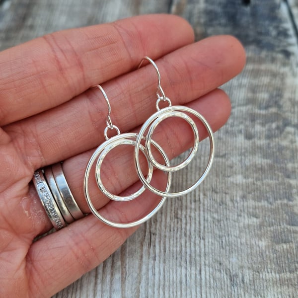 Sterling Silver Large Round 2 Double Circle Statement Hoop Earrings