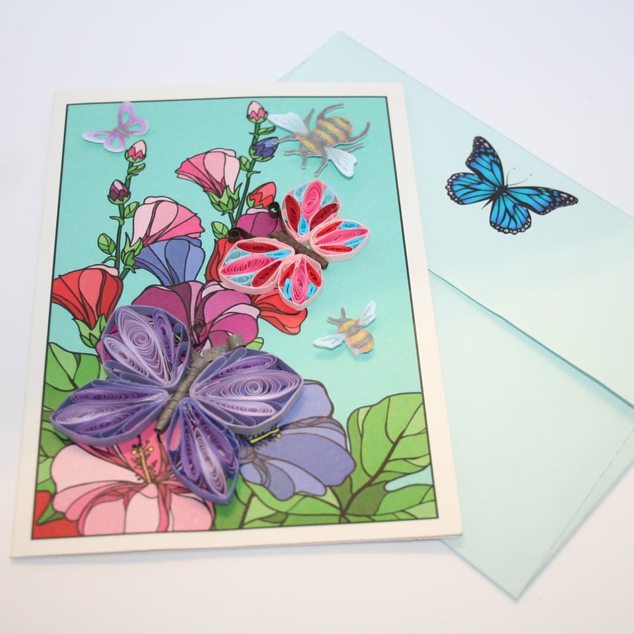 Hollyhock and Butterfly Quilled Card A6