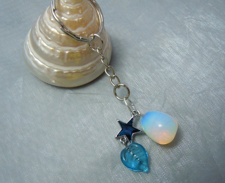 Keyring & bag charm in silver tone metal with Opalite bead