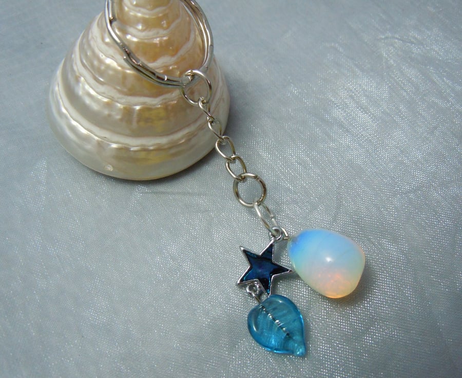 Keyring & bag charm in silver tone metal with Opalite bead