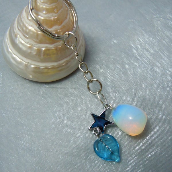 Keyring & bag charm in silver tone metal with Opalite bead