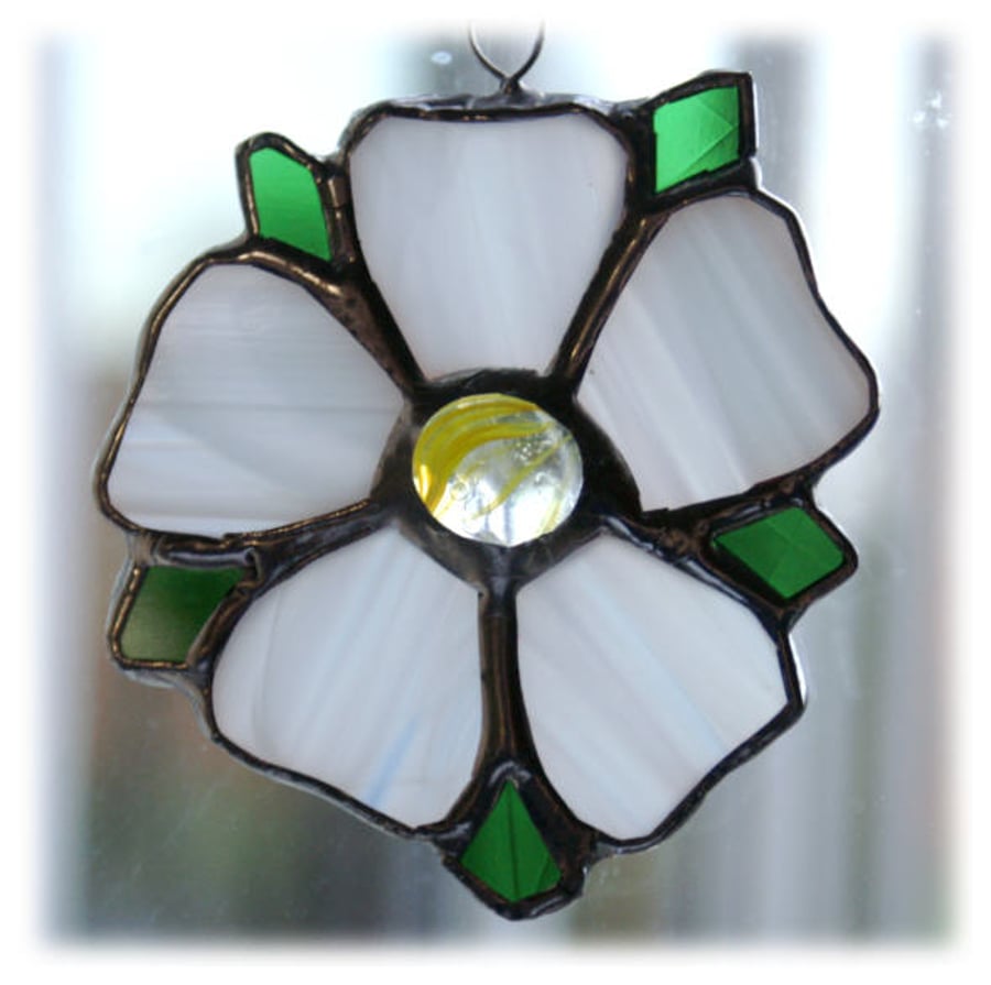 Yorkshire Rose Suncatcher Stained Glass Mini white Handmade 