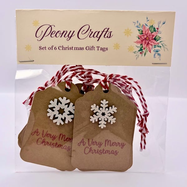 Luxury Kraft & Red Snowflake Christmas Gift Tags - Handmade Set of 6