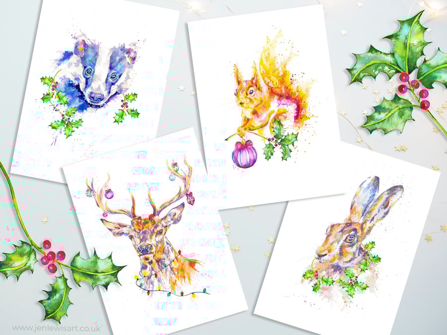 British Wildlife Christmas Cards, badger, squirrel, hare, stag, set of 4