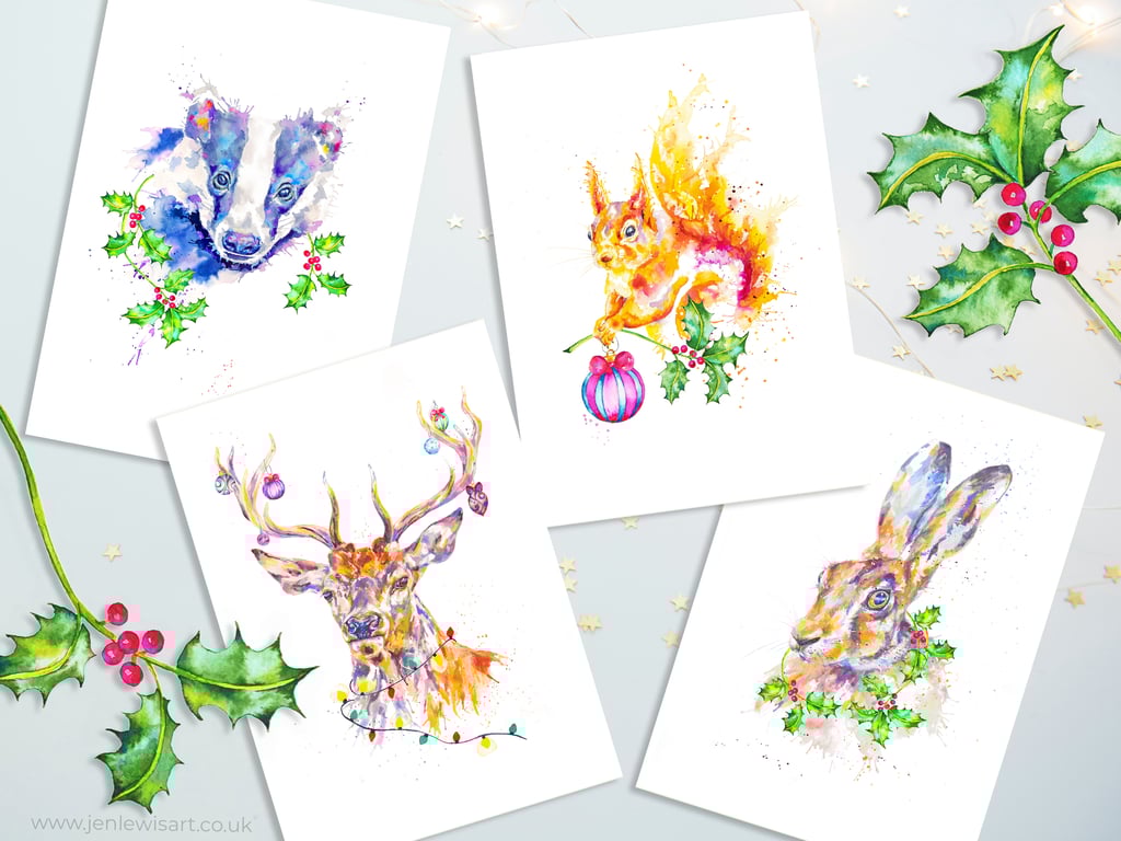 British Wildlife Christmas Cards, badger, squirrel, hare, stag, set of 4