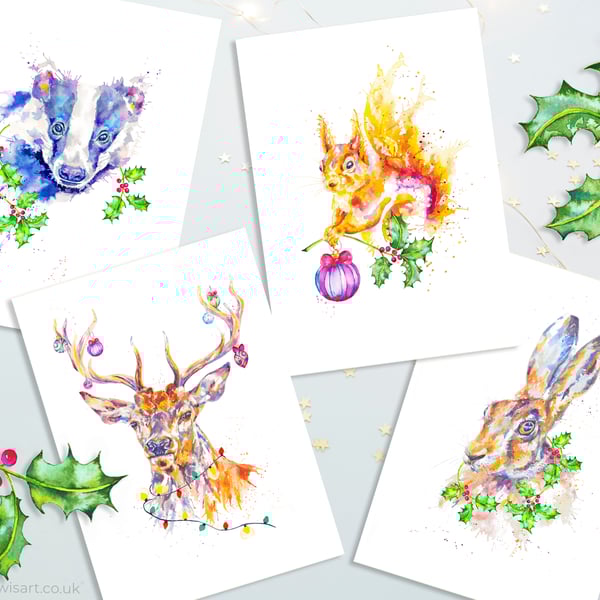 British Wildlife Christmas Cards, badger, squirrel, hare, stag, set of 4