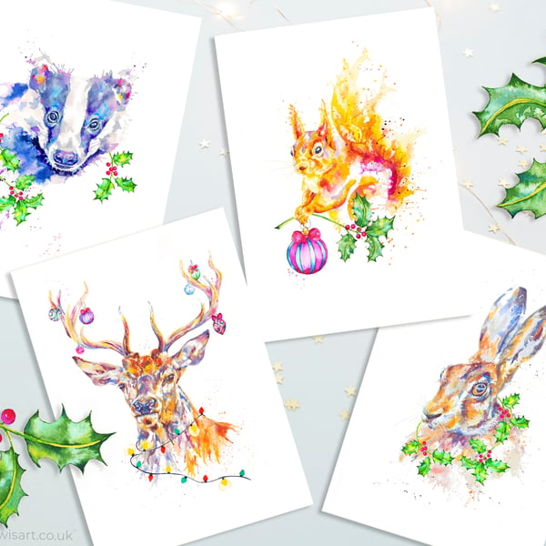 British Wildlife Christmas Cards, badger, squirrel, hare, stag, set of 4