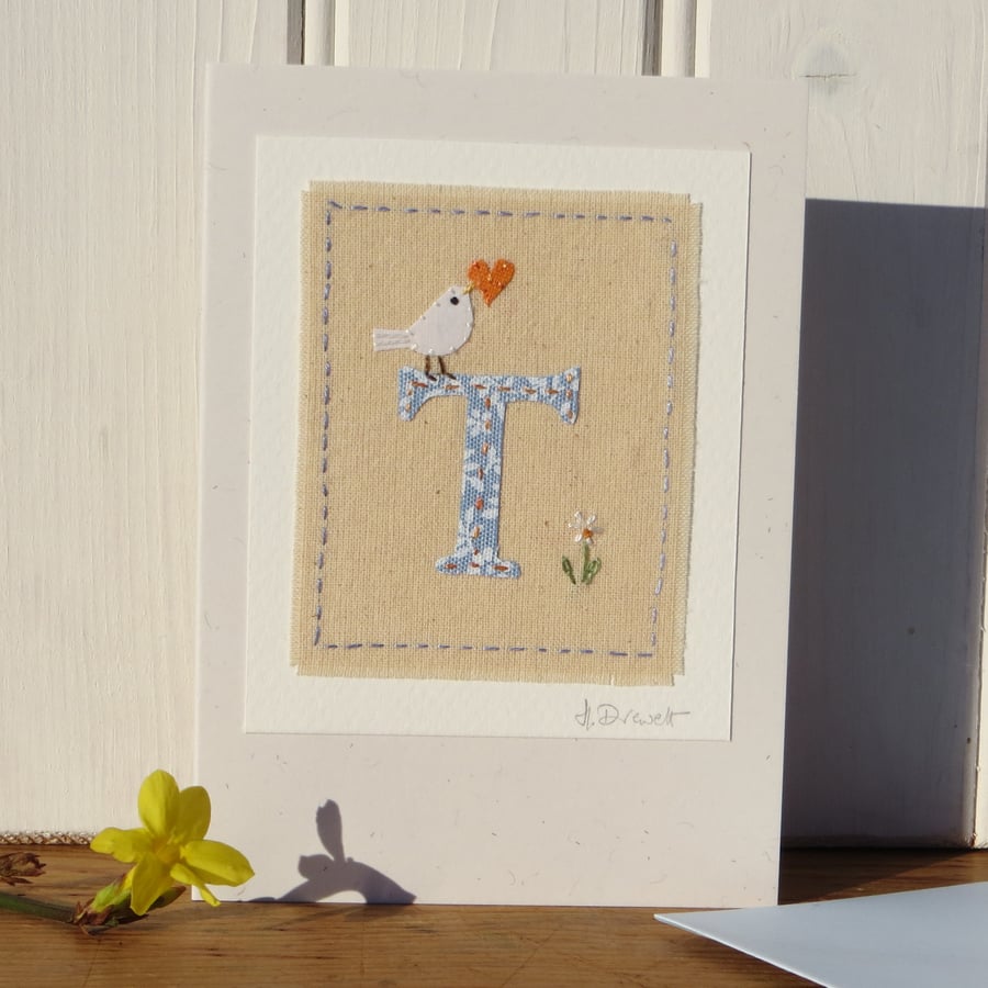 Sweet little hand-stitched letter T new baby, first birthday or Christening
