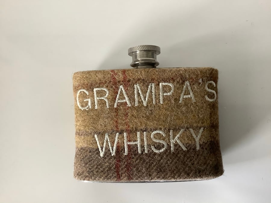 Brown and Tan Tweed Granpa’s Whisky 4oz Hip flask , Ideal Christmas  gift,