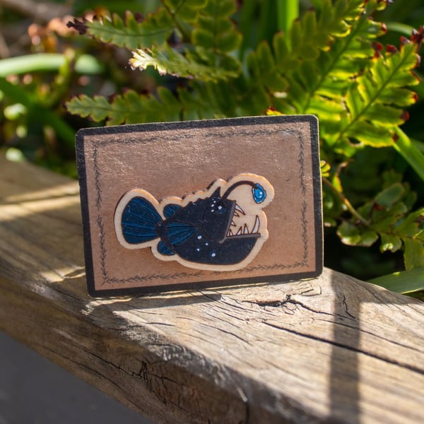 Anglerfish Wooden Pin Badge – Hand-Painted Deep Sea Brooch for Ocean Lovers