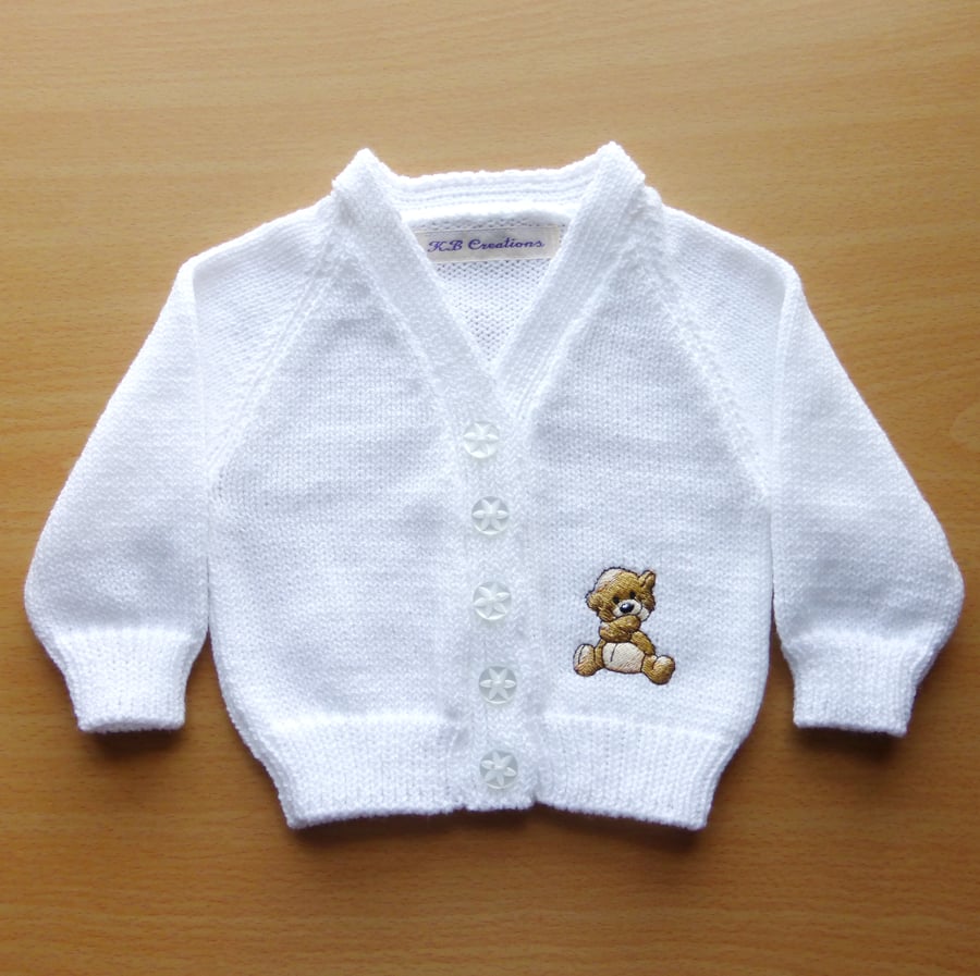 Baby cardigan with embroidered teddy motif. 0-3 months. Made to order