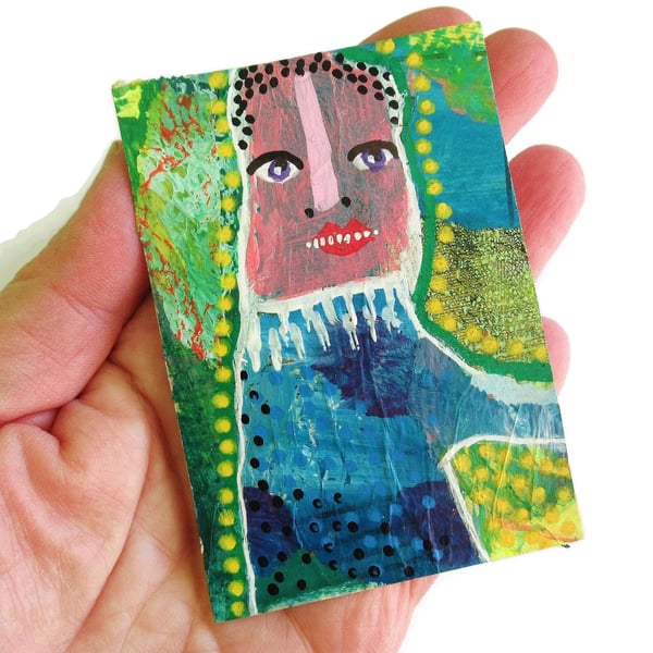 Surreal Abstract Figurative ACEO Miniature Weird Tiny Outsider Folk Art Painting