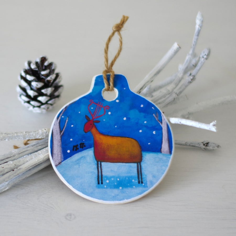 Christmas Ornament with Red Deer, Whimsical Winter Christmas Decoration