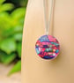 Pendant necklace magenta blue abstract 32mm round disc, handmade jewellery (821)