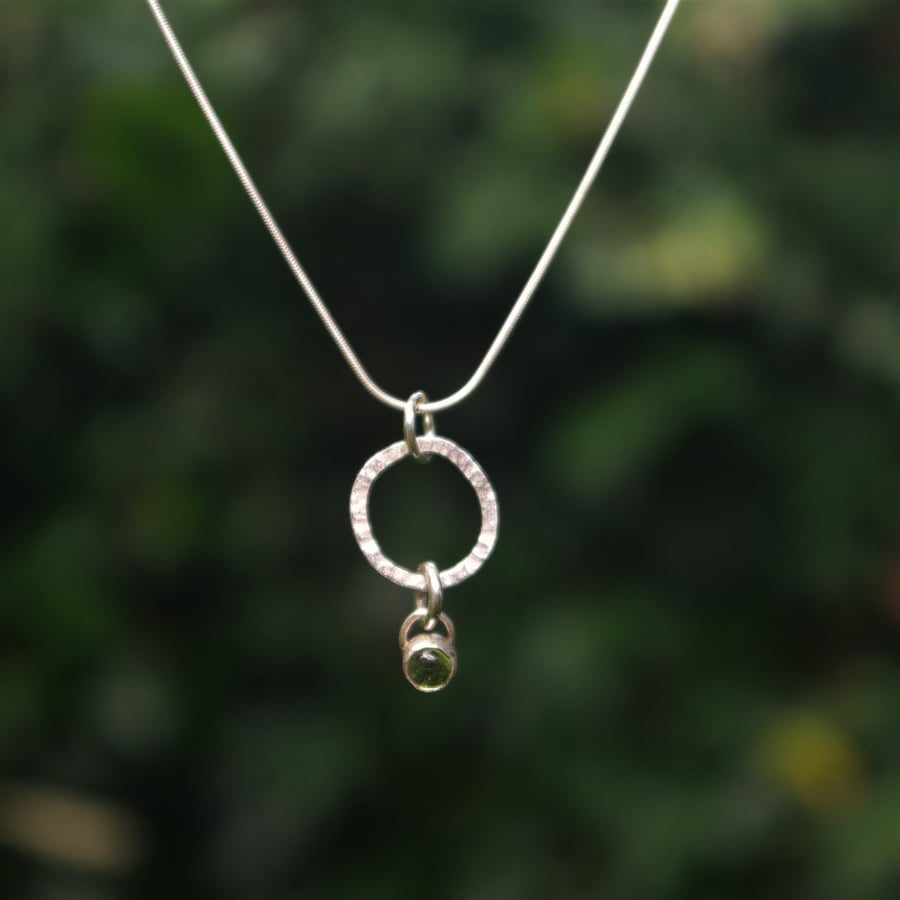 Textured Circle Silver Pendant with Peridot Drop