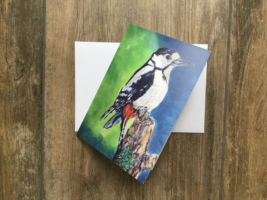 Small woodpecker greeting card by UK artist Janet Bird
