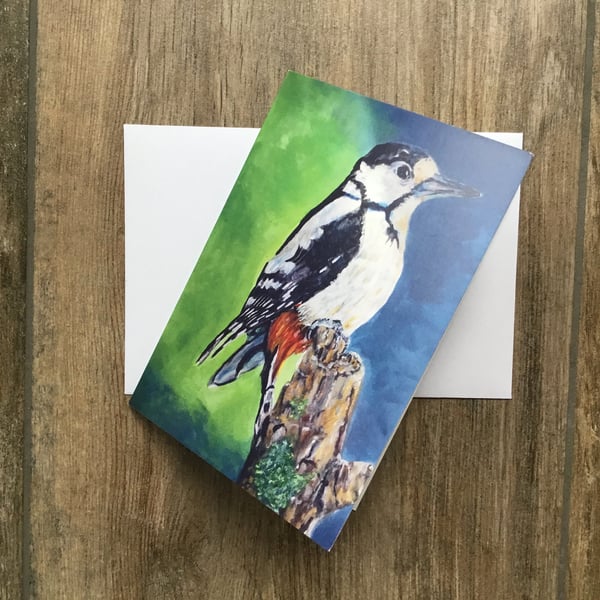 Small woodpecker greeting card by UK artist Janet Bird
