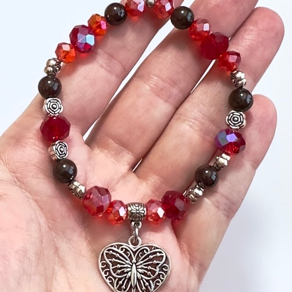 Witchy Butterfly Charm Bracelet - Garnet - Handmade Elasticated - transformation
