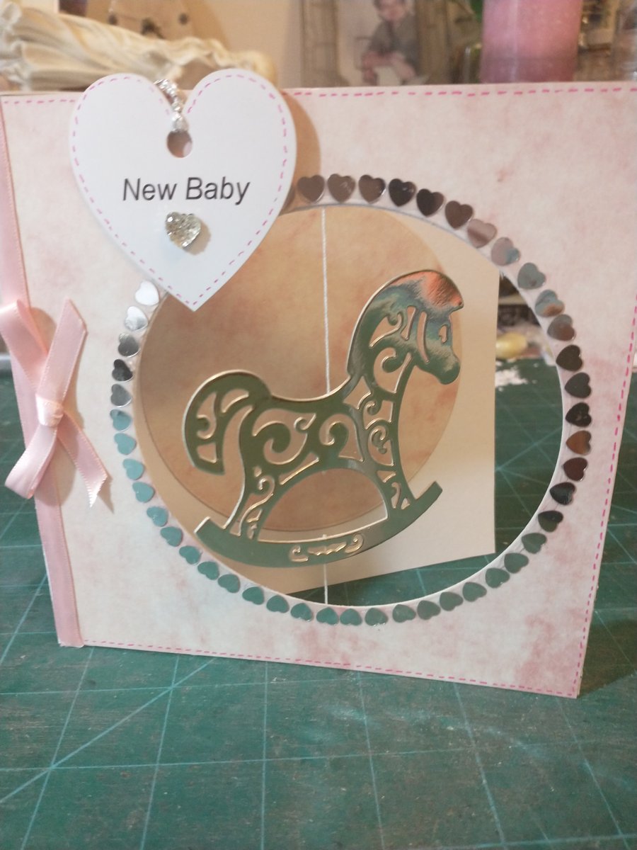 Pink rocking horse new baby girl card