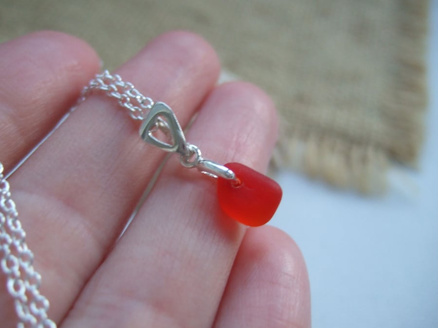 Seaham sea glass bright amberina red petite pendant, beach found glass necklace