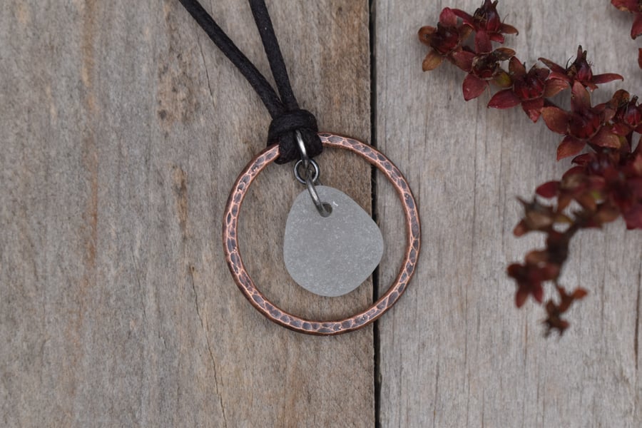 Frosted White Sea Glass and Copper Adjustable Waxed Cotton Cord Necklace