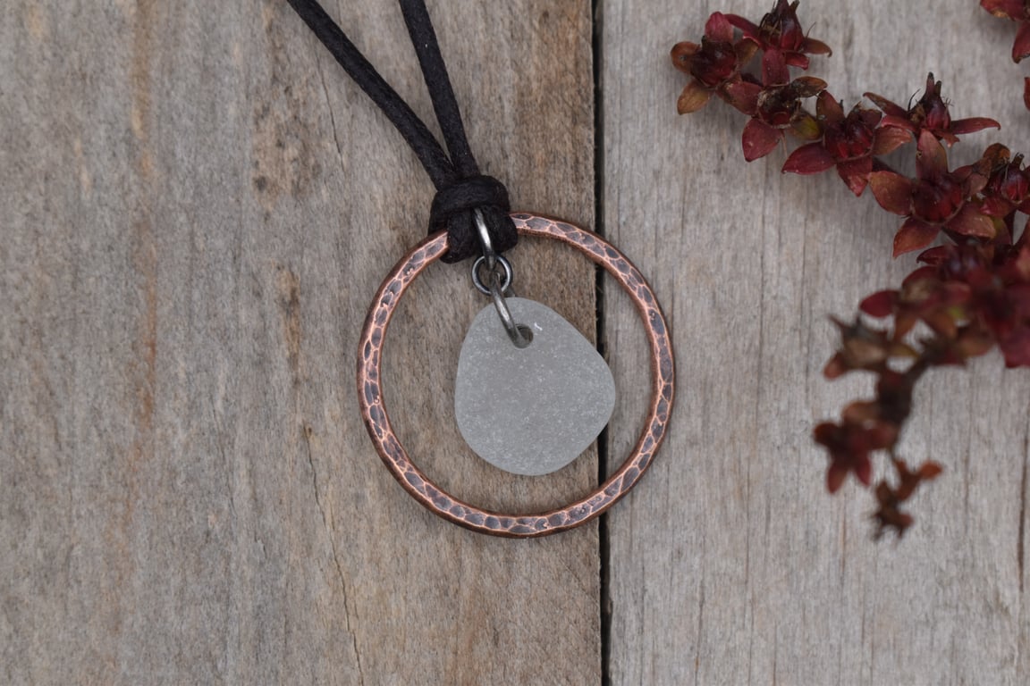 Frosted White Sea Glass and Copper Adjustable Waxed Cotton Cord Necklace