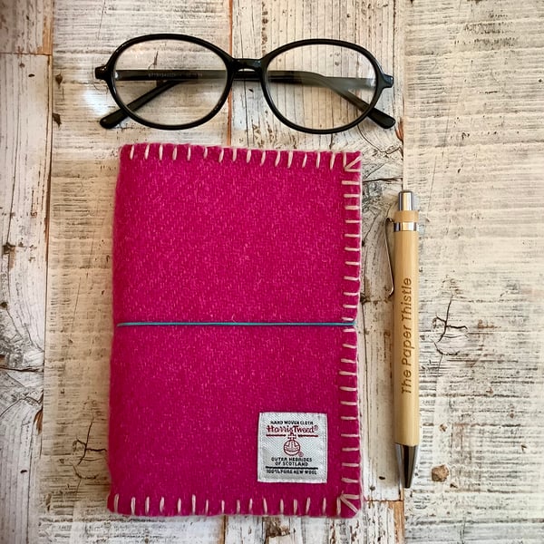A6 Pink Harris Tweed Notebook Journal Cover with 3 replaceable notebooks