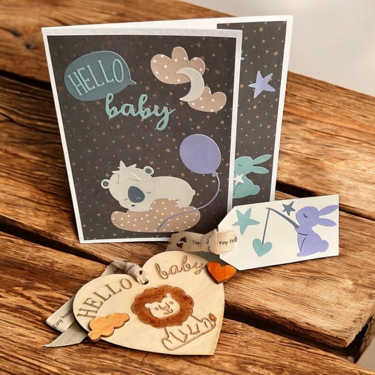 New Baby Gift Set – Handmade Card, Gift Tag & Wooden Keepsake