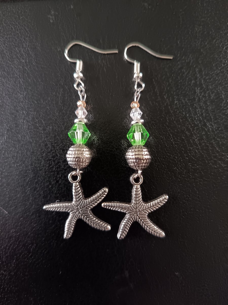 Silver beaded starfish charm dangle earrings 