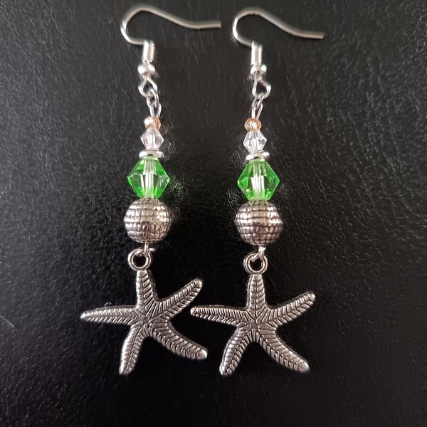 Silver beaded starfish charm dangle earrings 