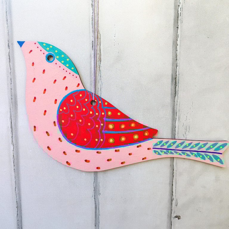 Hand painted wooden bird hanging, pink bird wall art, hanging decoration