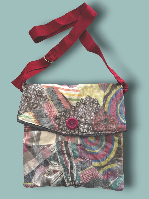 Upcycled Patchwork Crossbody Bag with Adjustable Red Strap