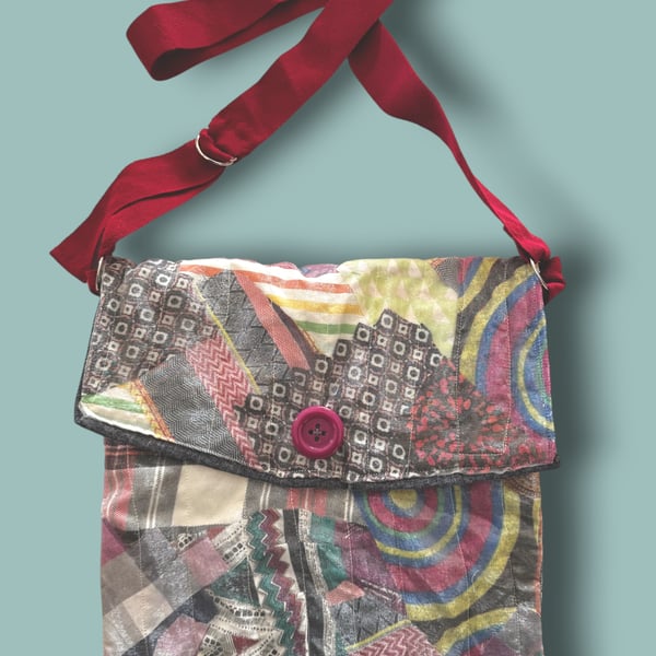 Upcycled Patchwork Crossbody Bag with Adjustable Red Strap