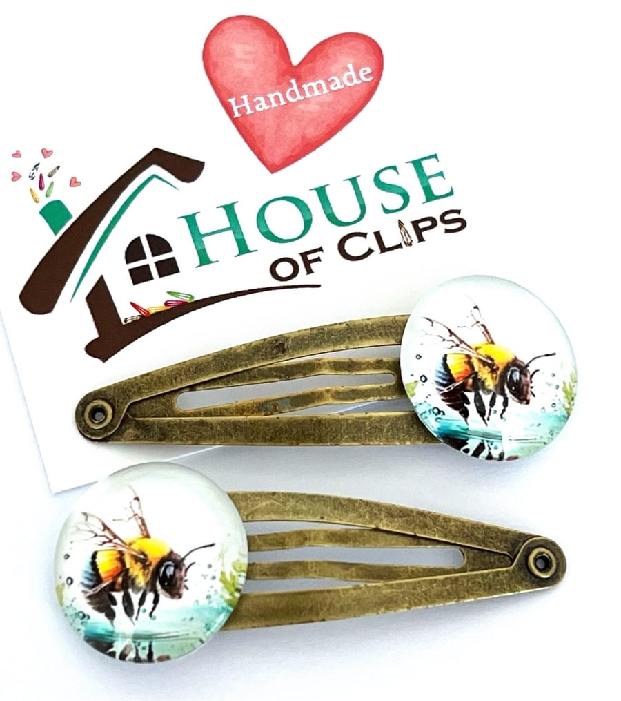 Look After The Bees Clips x2 - Antique Bee Hair Clips - Bee Protection Snap Clip