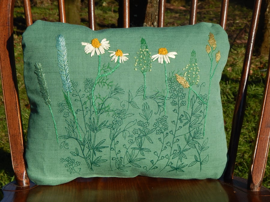 Dark green - In Amongst the forget me nots - Screen printed wild flower cushion 