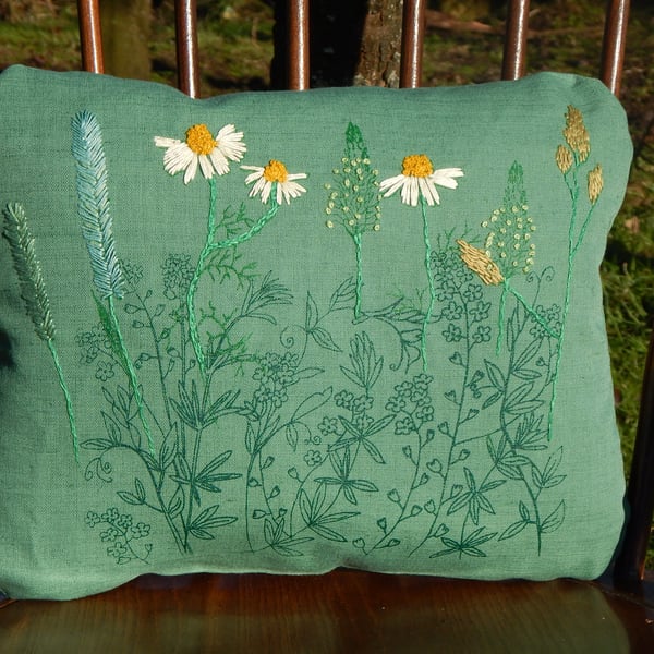 Dark green - In Amongst the forget me nots - Screen printed wild flower cushion 