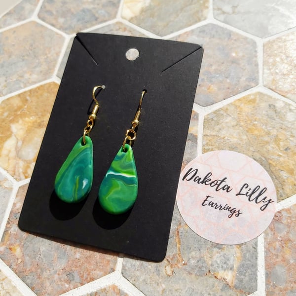 Green and White drop, polymer clay earrings