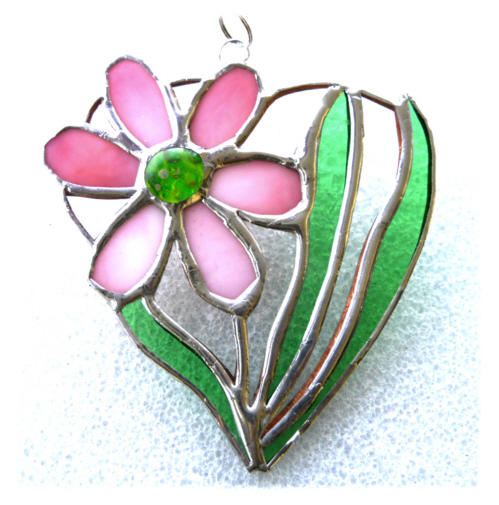 Daisy Heart Suncatcher Stained Glass Flower Pink 016