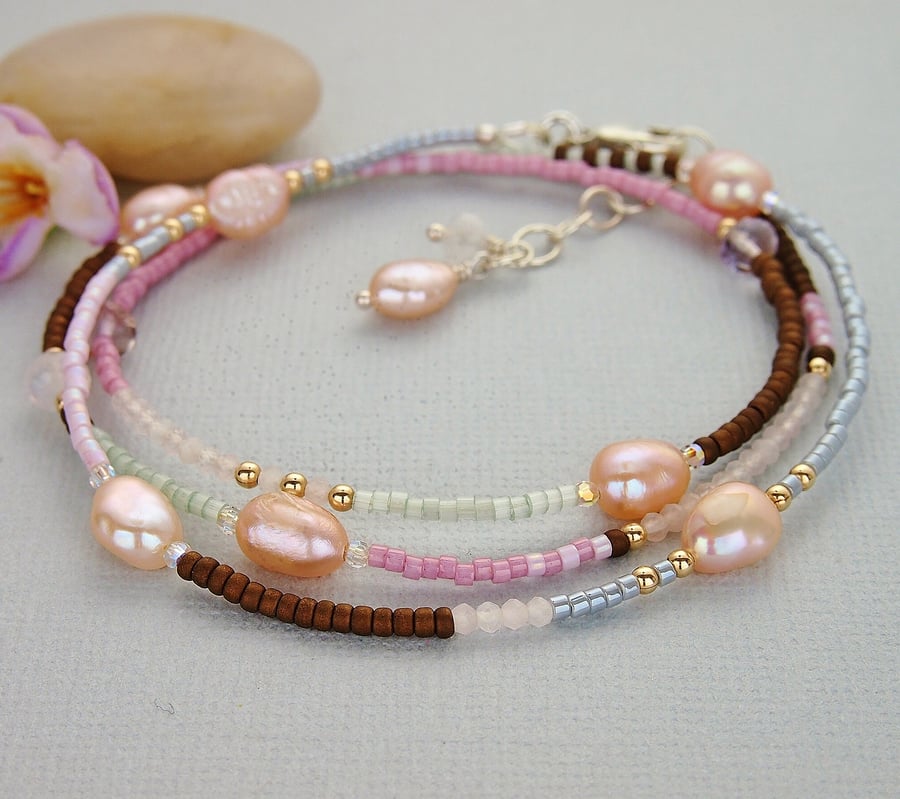 Pearl Wrap Bracelet - Necklace - Gemstones - Freshwater Pearls - Sterling Silver