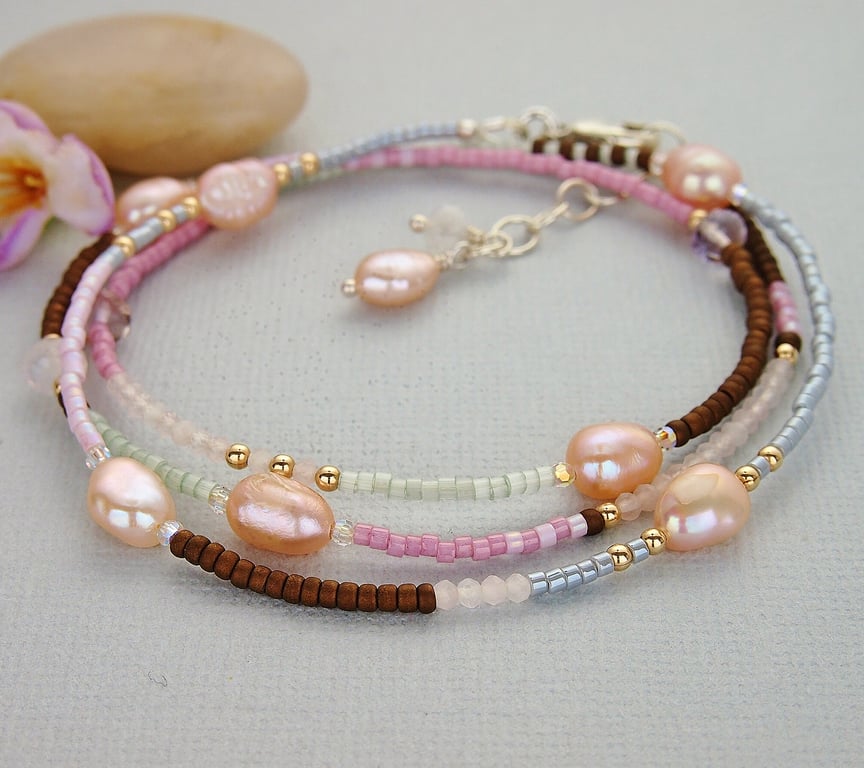 Pearl Wrap Bracelet - Necklace - Gemstones - Freshwater Pearls - Sterling Silver