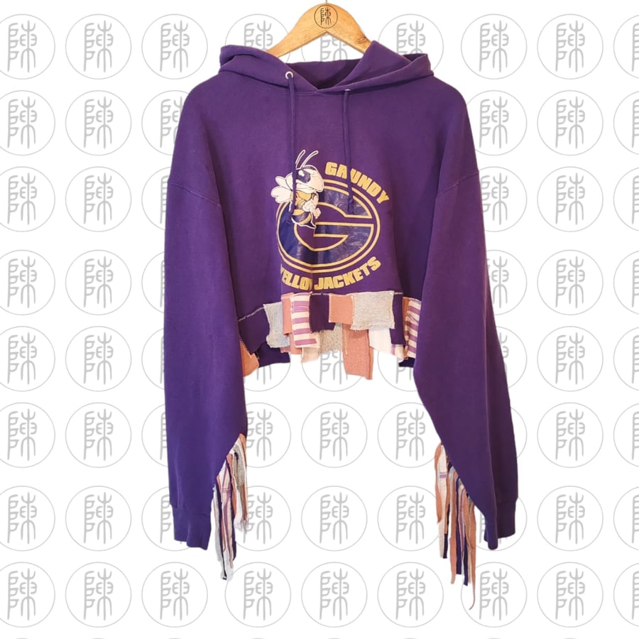 Grundy Yellow Jacket Purple Jerzees Rework Upcycle Scrappy Hem Cropped Hoodie
