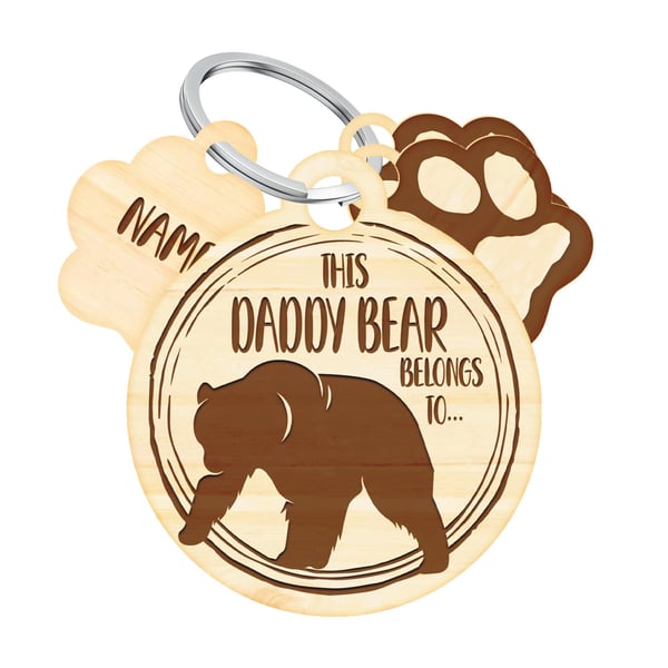 Personalised Daddy Bear engraved wood Keyring - Cute Small Father's Day Gift