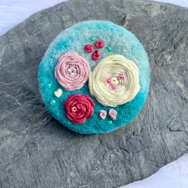 Needle felted embroidered flower brooch