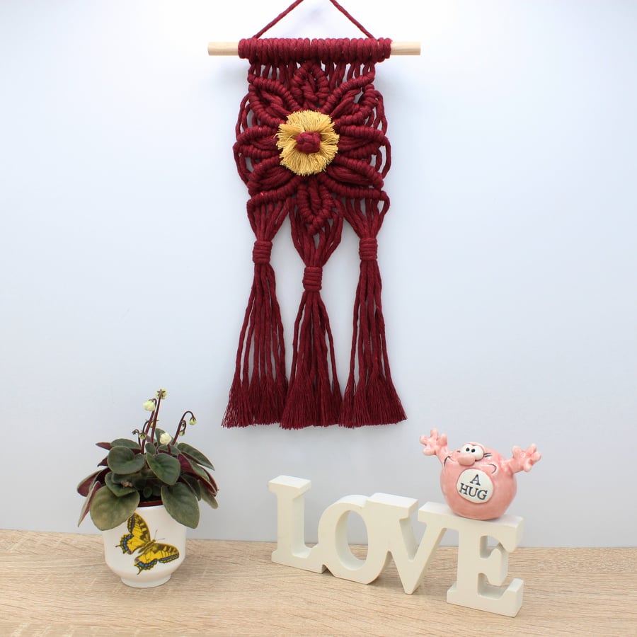 Autumnal red macrame flower wall hanging 