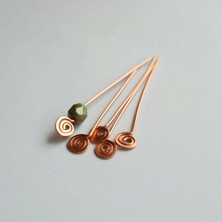 Handmade Pure Copper Head Pins - Spiral End - Set of 10