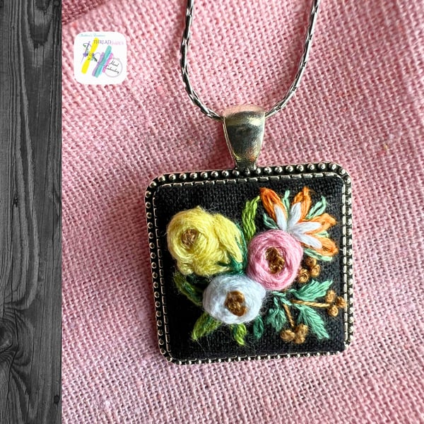 Hand embroidered pendant, embroidery jewellery, Handmade Pendant, antique silver