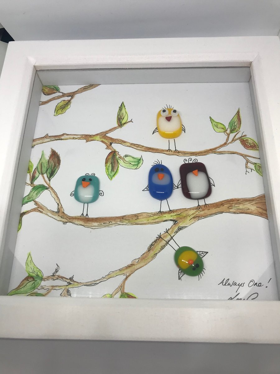 Fused glass birdies on watercolour 